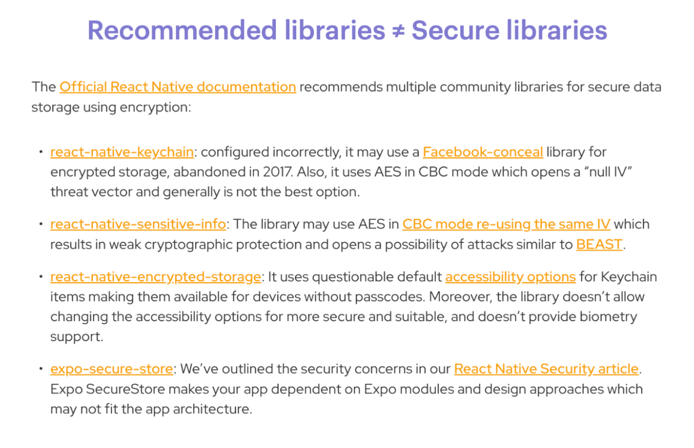 A screenshot from our lecture about dependency management recommendations for React Native libraries.